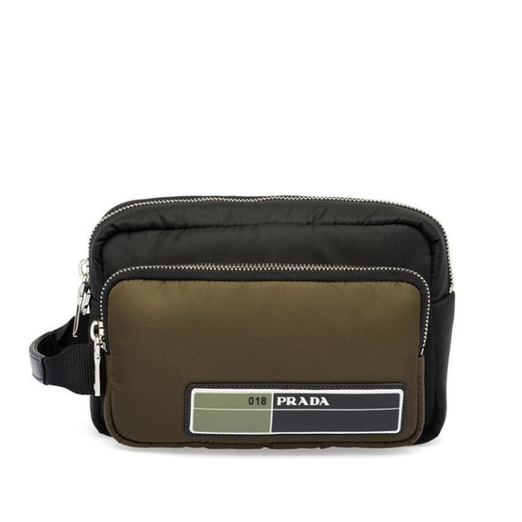 Prada Unisex Nylon Multi-Pocket Logo Clutch Bag Technical Fabric Black Green - Picture 1 of 4